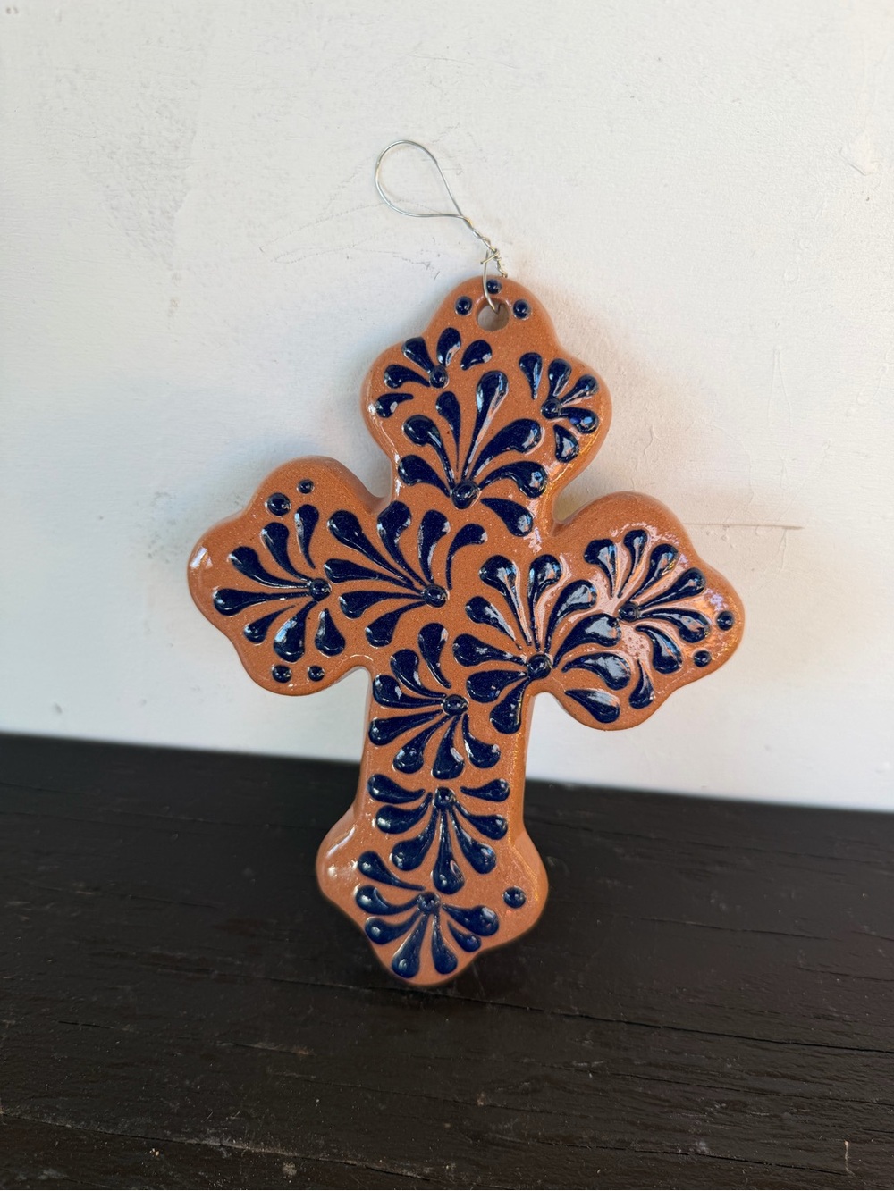 Handcrafted Talavera  Terracotta Cross Ornament with Blue Floral Design